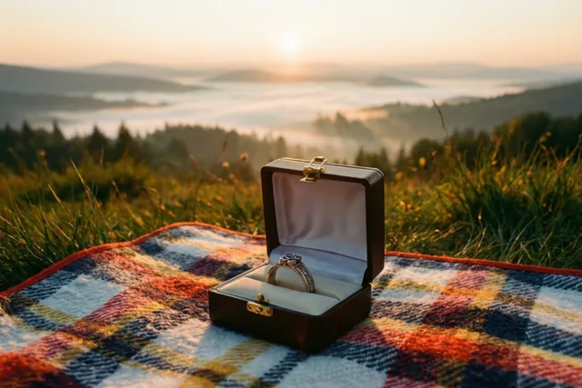 Een open doosje met een ring ligt op een kleurrijke geruite deken op een grasheuvel boven een mistige vallei in zacht ochtendlicht.