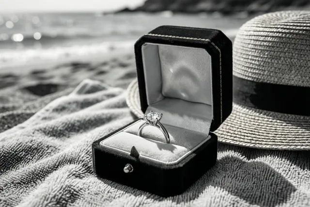 Een zwart-witfoto toont een open zwart fluwelen ringdoosje met een ring met één diamant op een strandhanddoek met structuur, naast een strohoed bij de zee.
