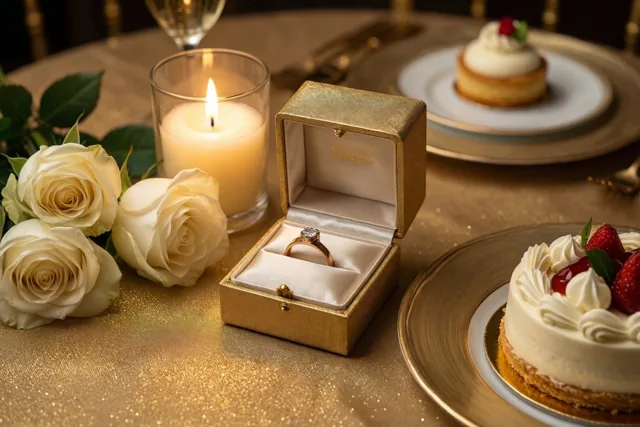 Een tafel voor twee bij kaarslicht is gedekt met witte rozen, een open goudkleurig ringdoosje met een ring en desserts op borden met een gouden rand.