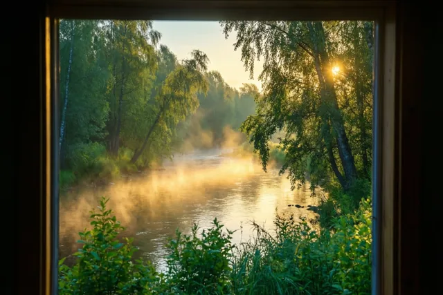 Door een raamkozijn is een traag stromende rivier tussen elzen te zien, waar bij dageraad nevel uit opstijgt en zonlicht het water raakt in warme gouden en groene tinten.
