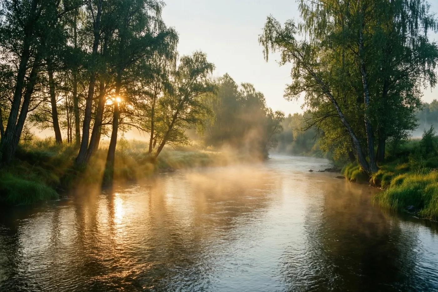 Bij het aanbreken van de dag stijgt nevel op uit een traag stromende rivier tussen groene bomen, terwijl zonlicht door de bomen breekt en goud weerkaatst op het water.