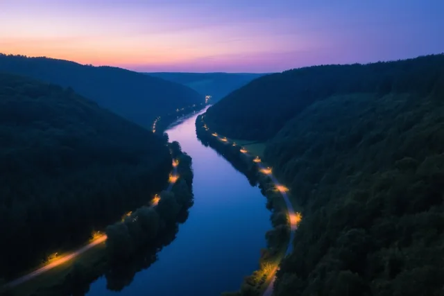 Een rivier slingert bij schemering tussen beboste heuvels, met warme straatlichten langs de oevers onder een paars-oranje lucht.