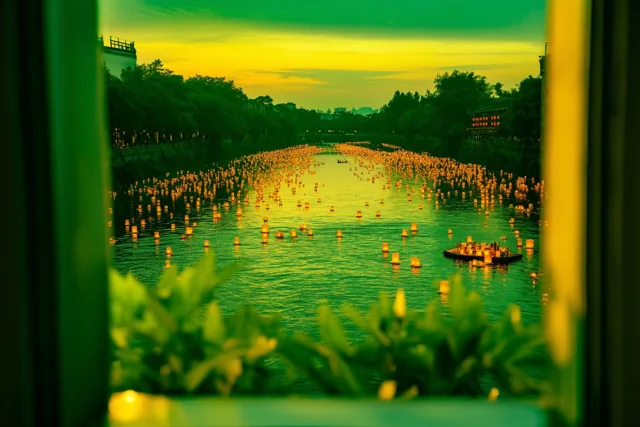 Door een raamkozijn is bij schemering een rivier met honderden drijvende lantaarns te zien, met onscherpe groene bladeren op de voorgrond en warme gele en groene tinten.