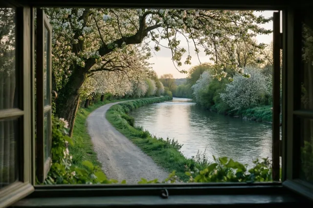 Een open houten raam met groen op de voorgrond biedt zicht op een kronkelend grindpad langs een rustige rivier en witbloeiende bomen in warm licht.