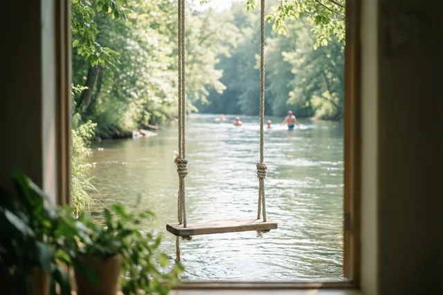 Door een raamkozijn is een houten schommel aan touwen te zien met uitzicht op een zonnige rivier waar in de verte mensen zwemmen.