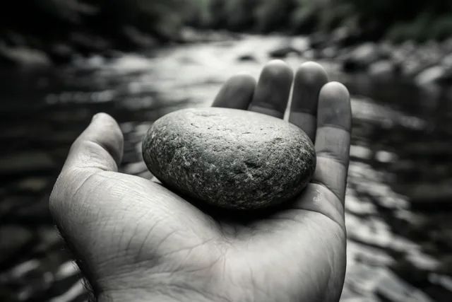 Een monochrome close-up toont een gladde riviersteen in een open handpalm, met een wazige rivier op de achtergrond.