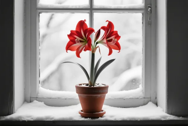 Een bloeiende rode amaryllis in een terracotta pot staat op een besneeuwde vensterbank, met sneeuw op het raamkozijn en een monochroom winterlandschap buiten.
