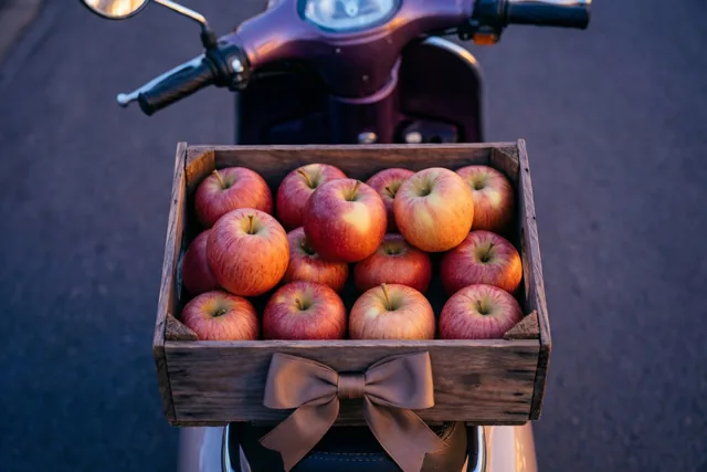 Een houten krat met rode appels en een bruine strik staat achter op een vintage scooter op een verharde ondergrond in warm laag zonlicht.