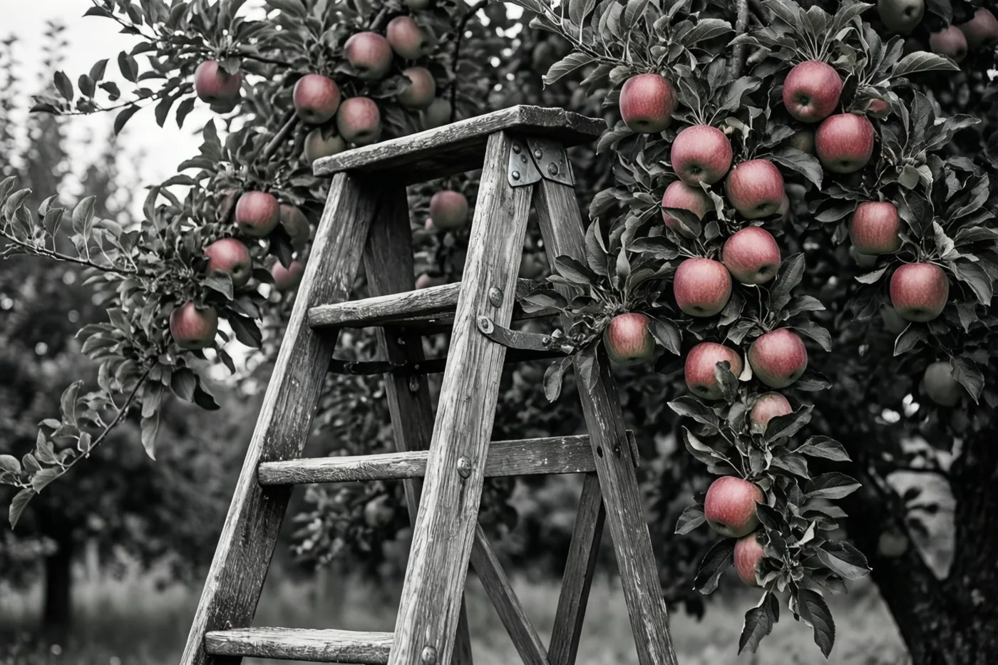 Een verweerde houten ladder leunt tegen een appelboom met rode appels die afsteken tegen de grijze en zwarte tinten van bladeren en achtergrond.