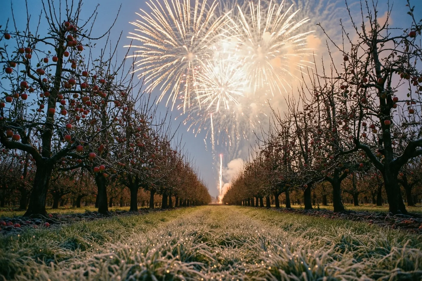 Rijen kale appelbomen met rode appels staan in een berijpte boomgaard onder een blauwe avondhemel met zilverkleurig vuurwerk.
