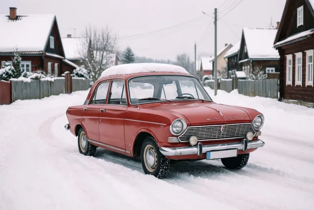 Een ronde rode auto uit de jaren zestig met verchroomde bumpers en sneeuw op het dak staat in een besneeuwde dorpsstraat, tussen huizen en kale bomen onder een bewolkte hemel.