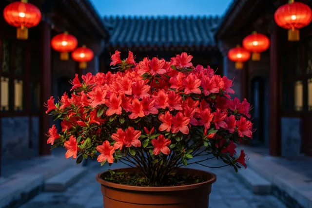 Een pot met felrode azalea's staat in de schemering midden op een traditionele binnenplaats tussen rode lantaarns, onder een diepblauwe lucht en in warm rood licht.