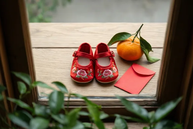 Een paar kleine rode zijden babyschoentjes met geborduurde bloemen staat op een houten vensterbank naast een mandarijn met blaadjes en een klein rood envelopje, met groene bladeren op de voorgrond.