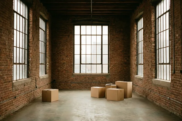 Een lege loft met rode bakstenen muren, hoge ramen met stalen kozijnen en enkele verhuisdozen op de betonvloer wordt verlicht door zacht daglicht.