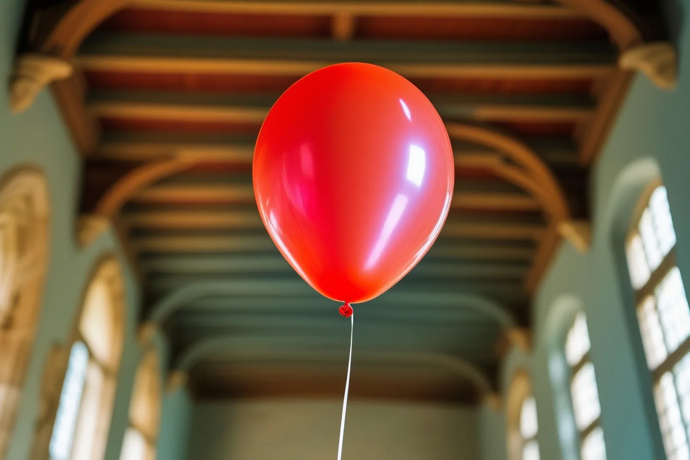 Een rode heliumballon aan een wit touwtje zweeft onder het hoge gebogen houten plafond van een oud Vlaams herenhuis, met zacht licht door hoge ramen.