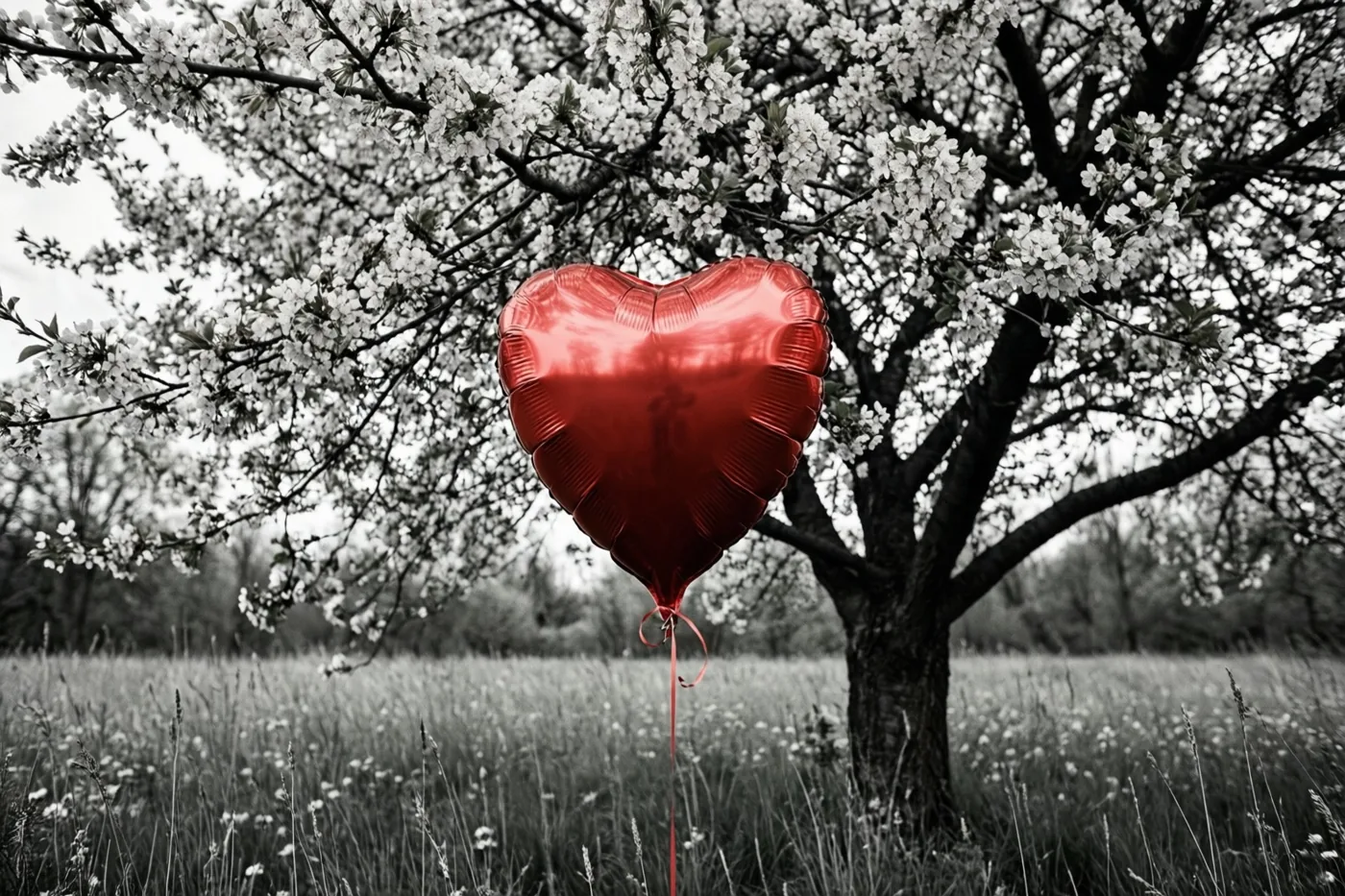 Een glanzende rode hartjesballon zit tussen de takken van een bloeiende boom in een lenteweide die verder in zwart-wit is weergegeven.