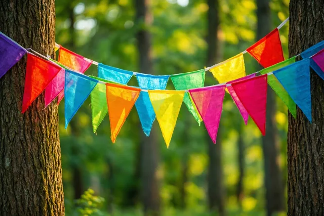 Felgekleurde driehoekige vlaggetjes in vooral rood, blauw en groen hangen tussen twee boomstammen in een zonnig bos.