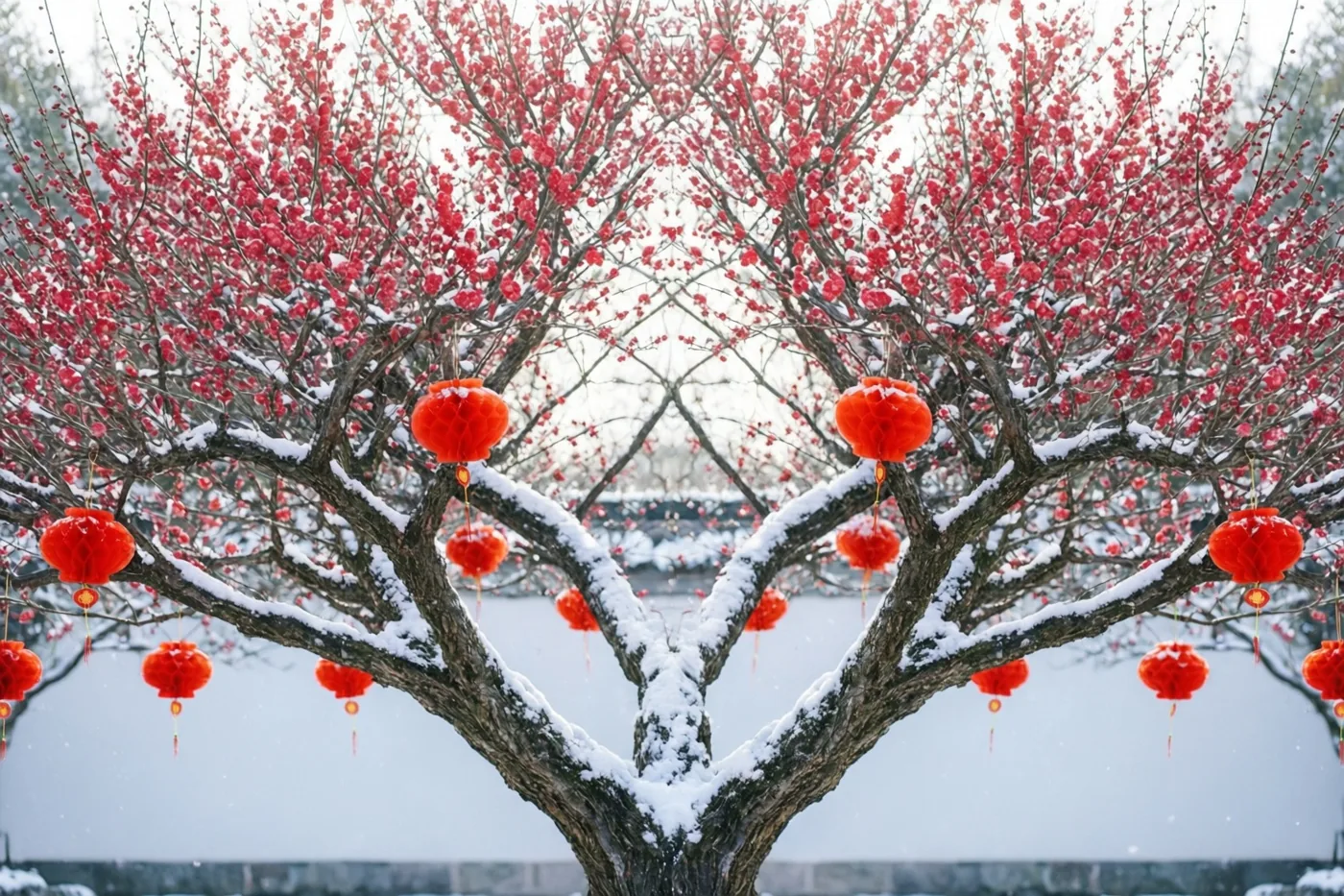 Een pruimenboom met rode bloesems en besneeuwde takken draagt kleine rode lantaarns in een sneeuwlandschap met een bleke achtergrond.