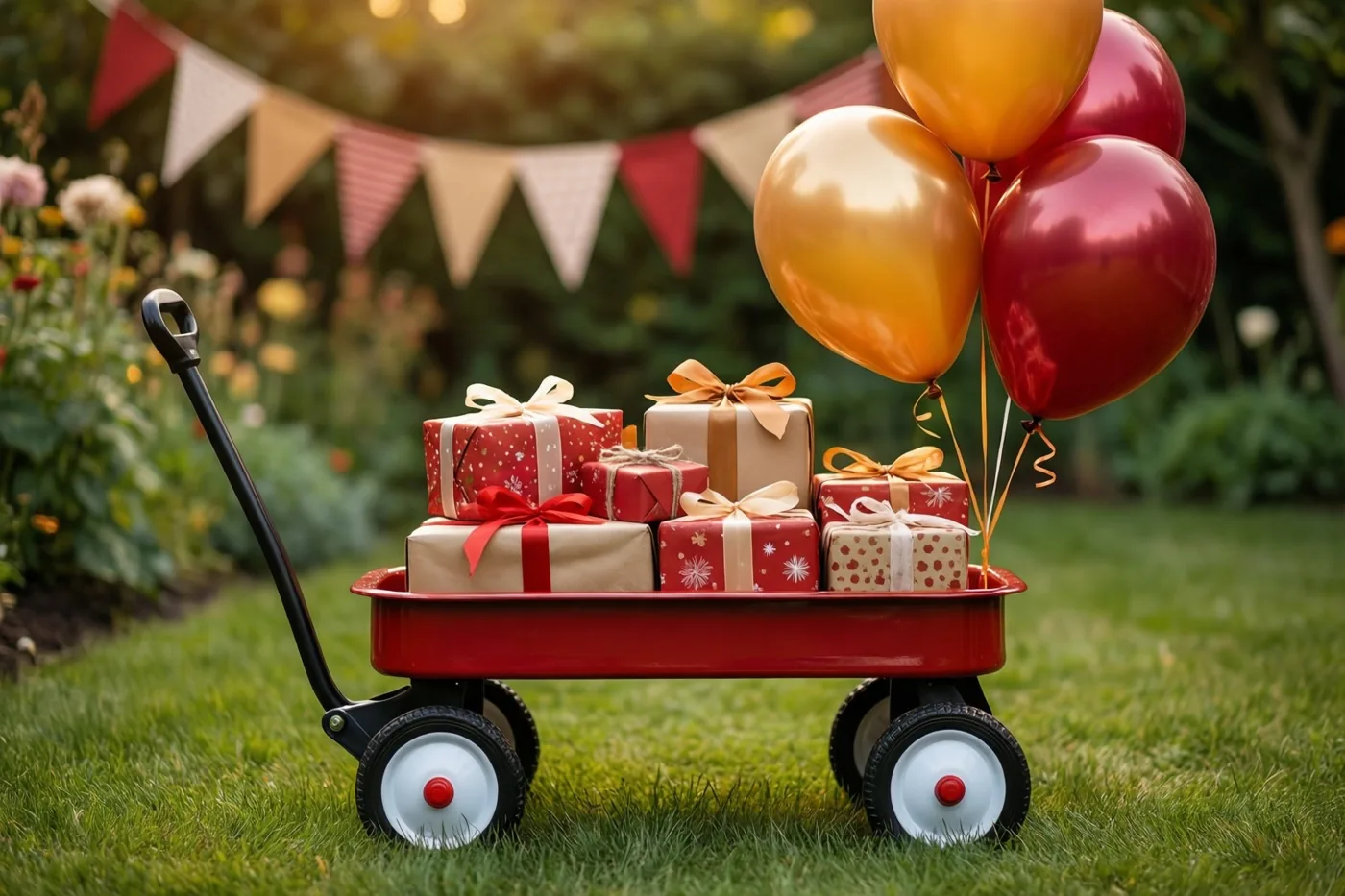 Een rode bolderkar met ingepakte cadeaus staat op groen gras, met ballonnen aan de trekstang en een kleurrijke vlaggenlijn op de achtergrond.