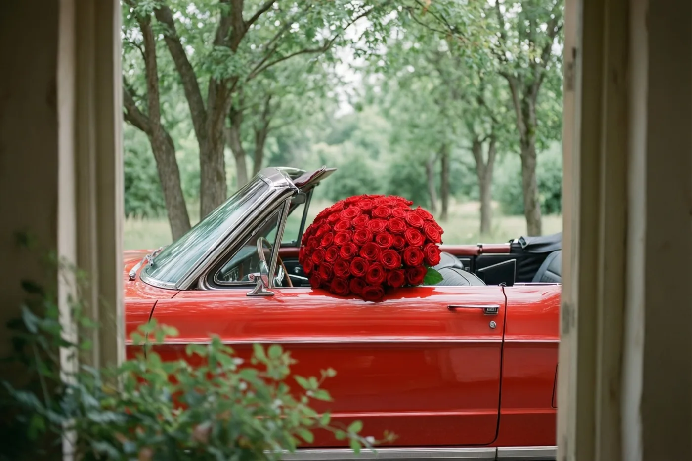 Door een houten deuropening is een oude rode cabriolet onder bomen te zien, met een groot boeket rode rozen op de passagiersstoel en groen op de voorgrond.