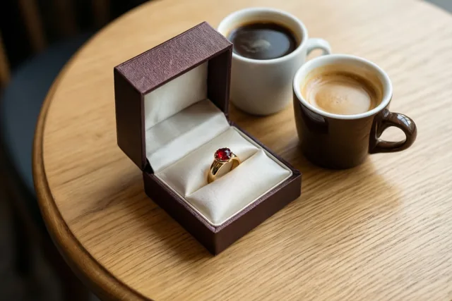 Een open donkerbruin ringdoosje met een gouden ring met een rode edelsteen staat op een lichte houten cafétafel naast een witte kop zwarte koffie en een bruine kop espresso.