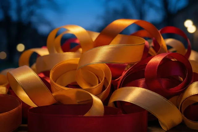 Glanzende rode en gouden cadeaulinten liggen door elkaar tegen een wazige blauwe achtergrond met zachte lichtvlekken.