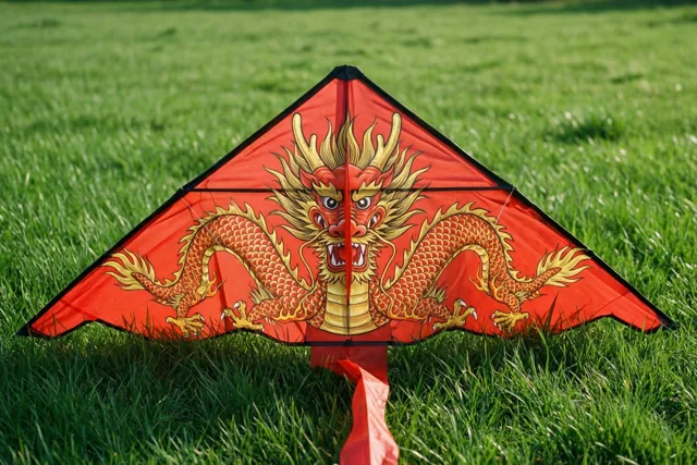 Een rode en gouden drakenvlieger ligt op felgroen gras in een helder tafereel.