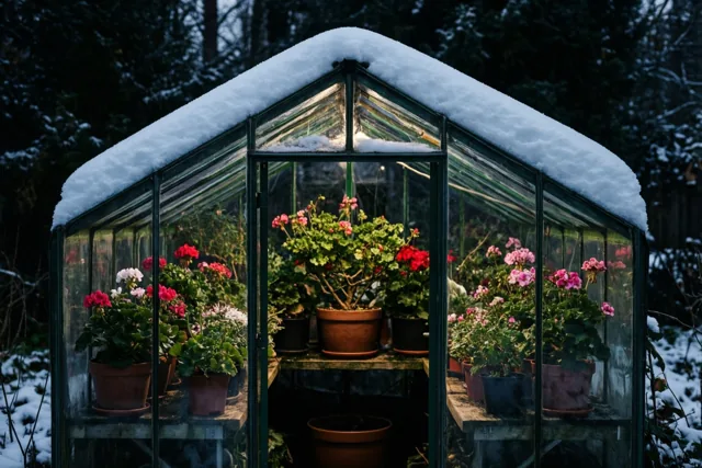 Een kleine glazen serre met een besneeuwd dak is gevuld met potplanten met rode en roze bloemen en groen blad, tegen een besneeuwde achtergrond.