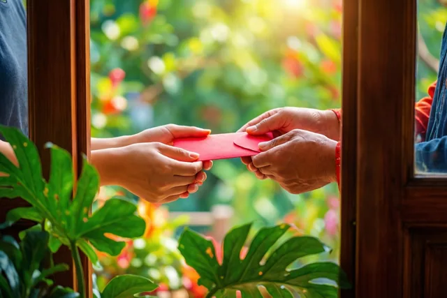 Twee paar handen geven een rode envelop door via een houten raamkozijn, met zonlicht en onscherp groen op de achtergrond.