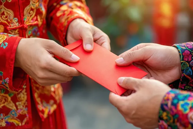 Twee paar handen geven buiten een rode envelop door, waarbij de ene persoon rode geborduurde traditionele kleding draagt en de andere een kleurrijk kledingstuk met een patroon.