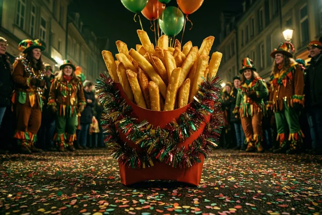 Een grote rode frietbak vol goudgele frieten met kleurrijke glitterslingers en ballonnen staat op een straat vol confetti, met verklede feestvierders onder straatlampen op de achtergrond.