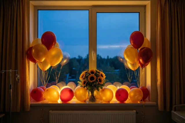 Rode en gele ballonnen en een boeket zonnebloemen staan op een ziekenhuisvensterbank in warm binnenlicht, met een blauwe schemerlucht buiten.