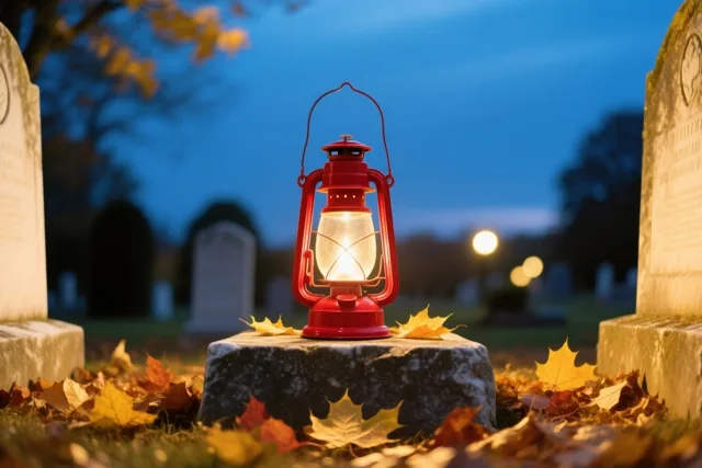 Een rode lantaarn met een brandend licht staat op een stenen graf tussen herfstbladeren, met onscherpe grafstenen onder een blauwe schemerlucht.