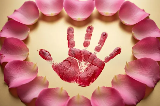 Een rode kinderhandafdruk staat op een goudkleurig oppervlak binnen een hart van roze rozenblaadjes.
