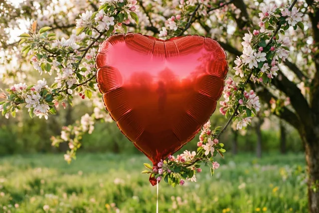 Een glanzende rode hartjesballon zit vast tussen de takken van een boom met witte en roze bloesems in een zonnige lenteweide.