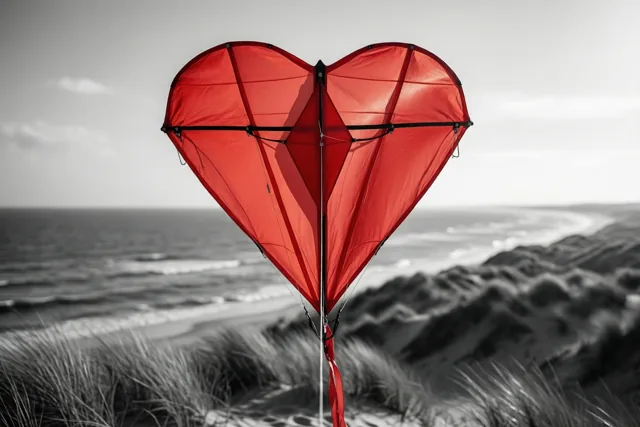 Een rode hartvormige vlieger staat rechtop op een strand met duinen en zee op de achtergrond, in een verder vrijwel zwart-wit beeld.