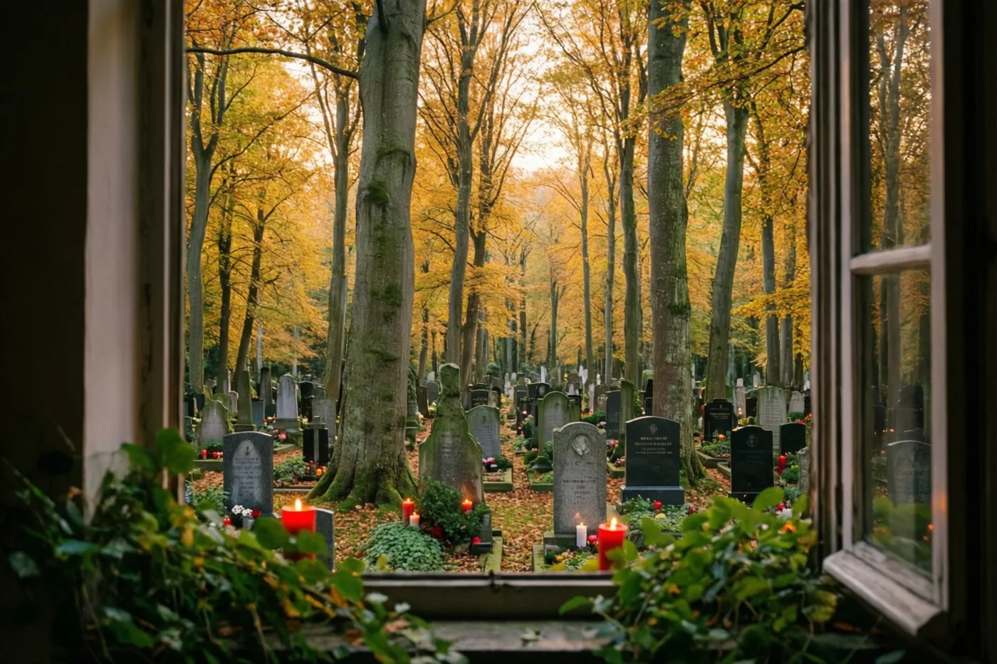 Door een raam is een bosbegraafplaats te zien met hoge beuken vol goudgele bladeren en kleine brandende rode kaarsen bij de graven in het zachte avondlicht.