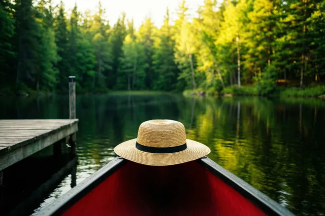 Een rode kano met een strohoed op de boeg ligt bij een houten steiger aan een kalm bosmeer, waar groene bomen weerspiegelen in het zonnige water.