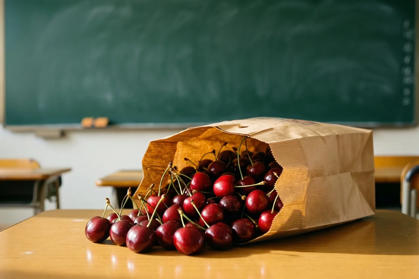 Een bruine papieren zak vol rode kersen staat op een houten schoolbank voor een groot groen schoolbord, in warm licht.