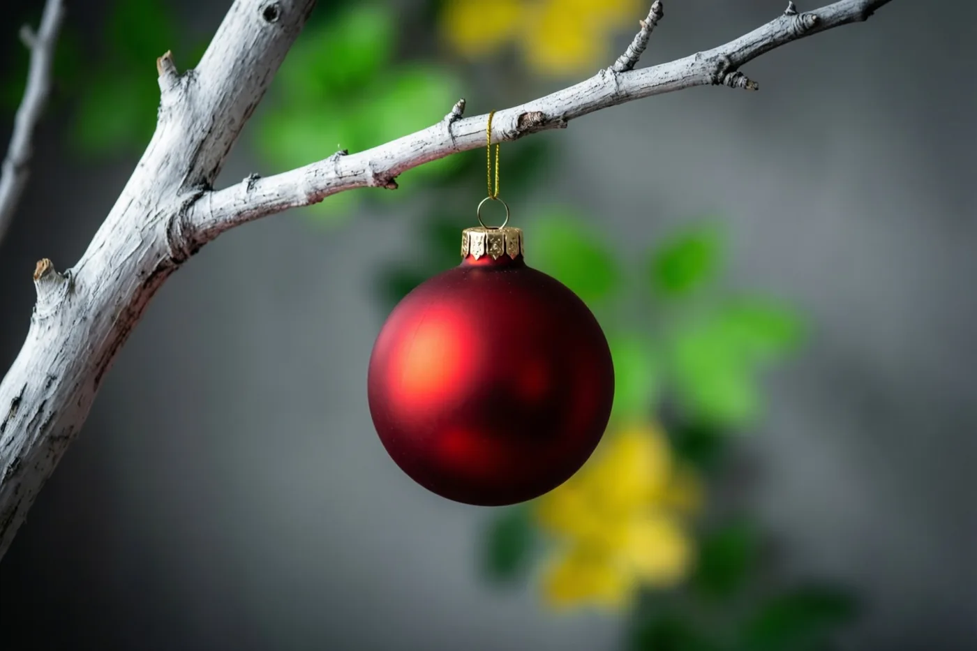 Een rode kerstbal hangt aan een kale witte tak tegen een grijze muur, met wazig groen en geel gebladerte op de achtergrond.