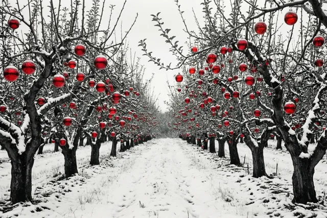 Een zwart-witte boomgaard met rijen besneeuwde, kale appelbomen draagt felrode glazen kerstballen als enige kleuraccent.