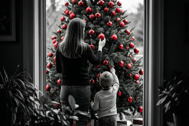 Een ouder en een klein kind hangen rode kerstballen in een kerstboom, van achteren gezien tegen een zwart-witte achtergrond.