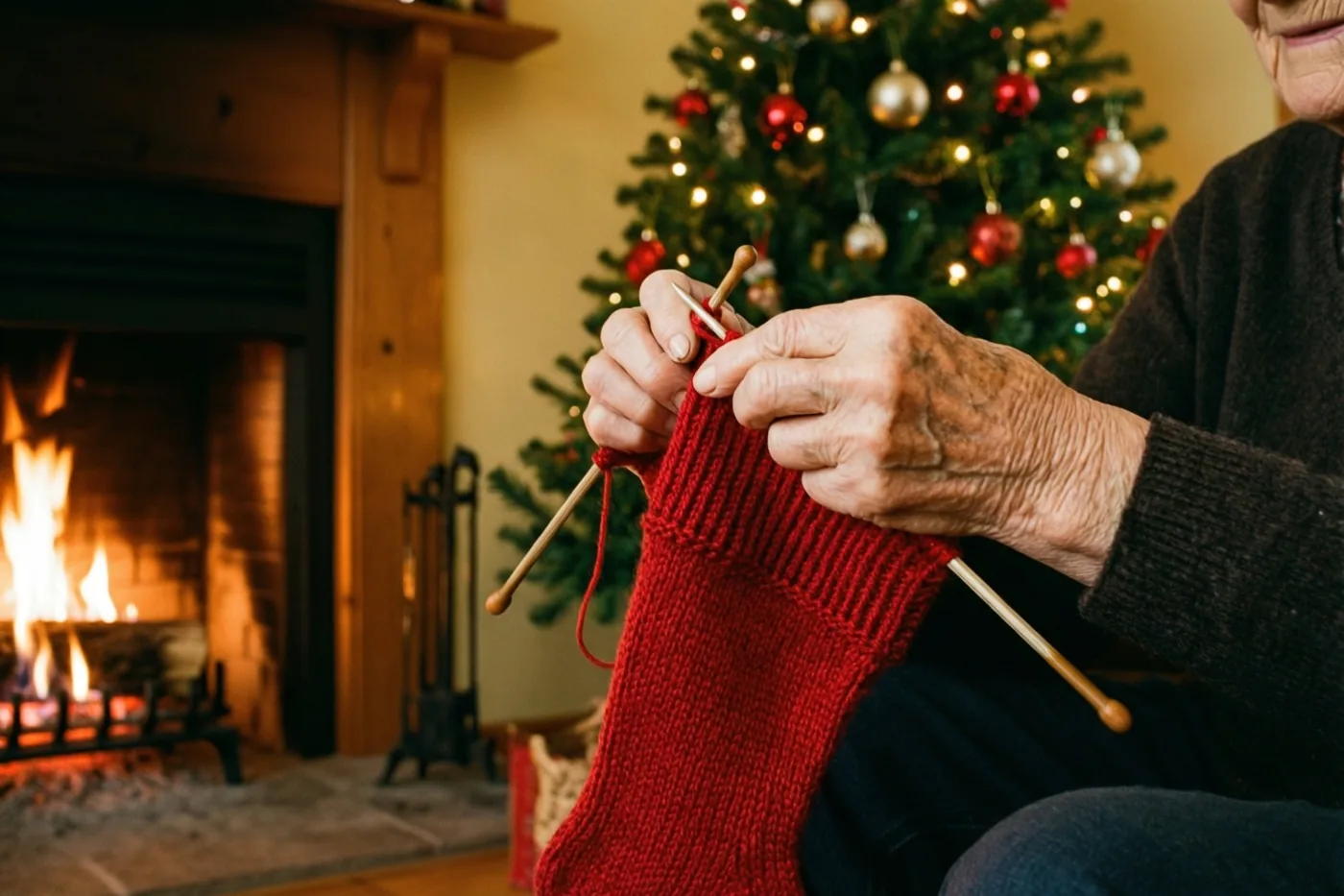 Een oudere persoon breit met gerimpelde handen en houten breinaalden een rode kerstsok bij een brandende haard, met een versierde kerstboom op de achtergrond.