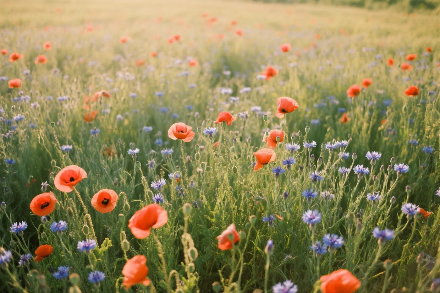 Rode klaprozen en blauwe korenbloemen staan in een zomers veld in warm goudkleurig zonlicht.