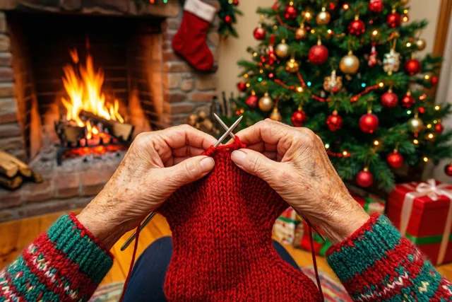 Gerimpelde handen breien een rode kous bij een haardvuur, met een versierde kerstboom op de achtergrond.