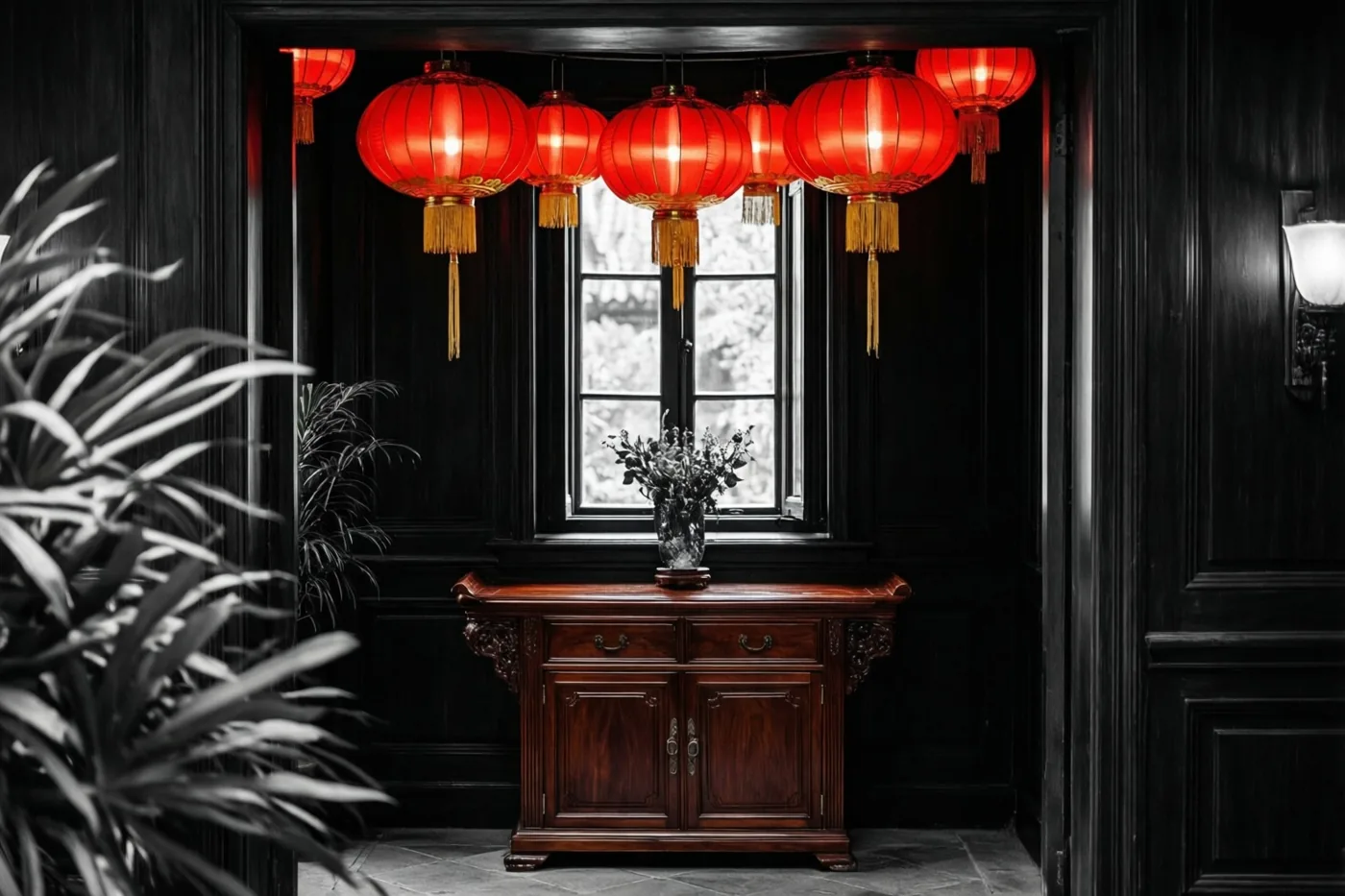 Een rij brandende rode lantaarns hangt boven een gepolijste donker houten wandtafel in een donker betimmerd interieur, met planten in zwart-wit en een raam.