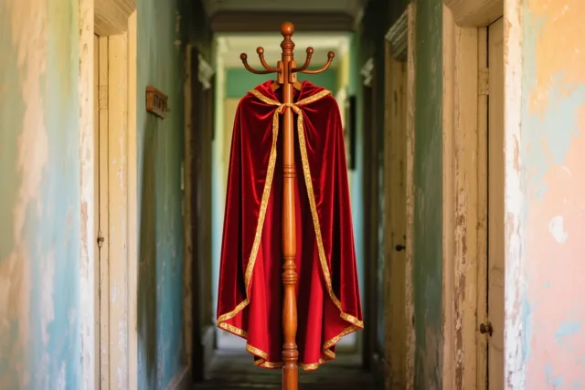 Een roodfluwelen mantel met gouden rand hangt aan een houten staande kapstok midden in een oude gang met afbladderende muren in vervaagde pastelkleuren.
