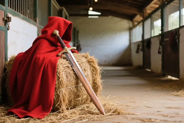 Een rode mantel en een houten zwaard liggen op een strobaal in een lege stal met houten balken en verspreid hooi.