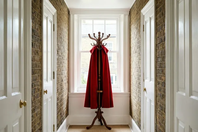 Een rode mantel hangt aan een houten kapstok midden in een gang met bakstenen muren en witte deuren, verlicht door een raam aan het uiteinde.
