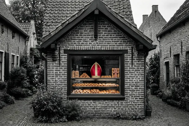 Een bakkersetalage onder een trapgevel toont gebak, een versierde peperkoeken bisschop en een rode mijter in een grotendeels zwart-wit dorpssteegje met bakstenen huizen en groen.